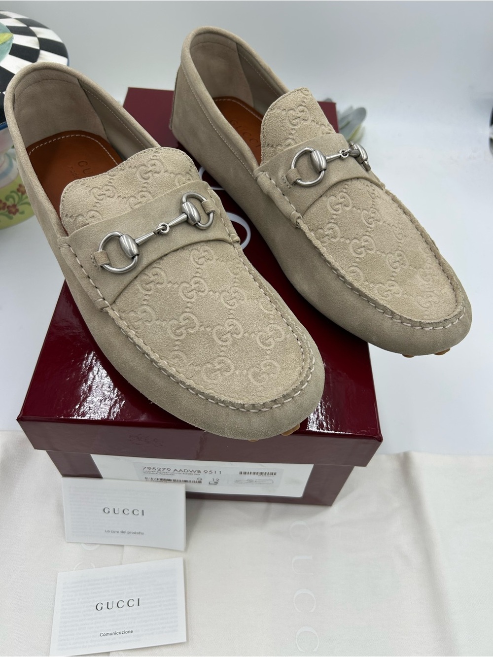 Men's Gucci GG embossed suede Driver loafers size 12 fits 13 US made in Italy - Picture 2 of 10